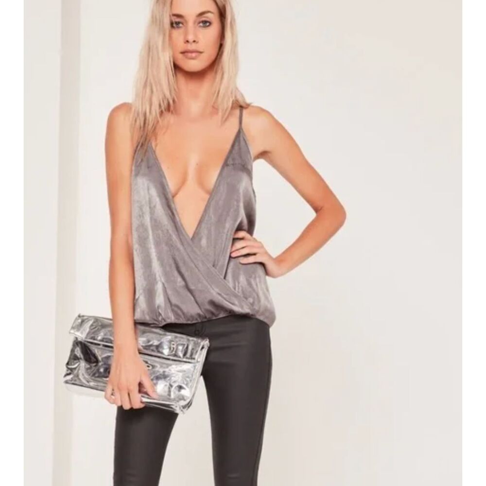 Missguided Satin Wrap Over Camisole Top in Grey